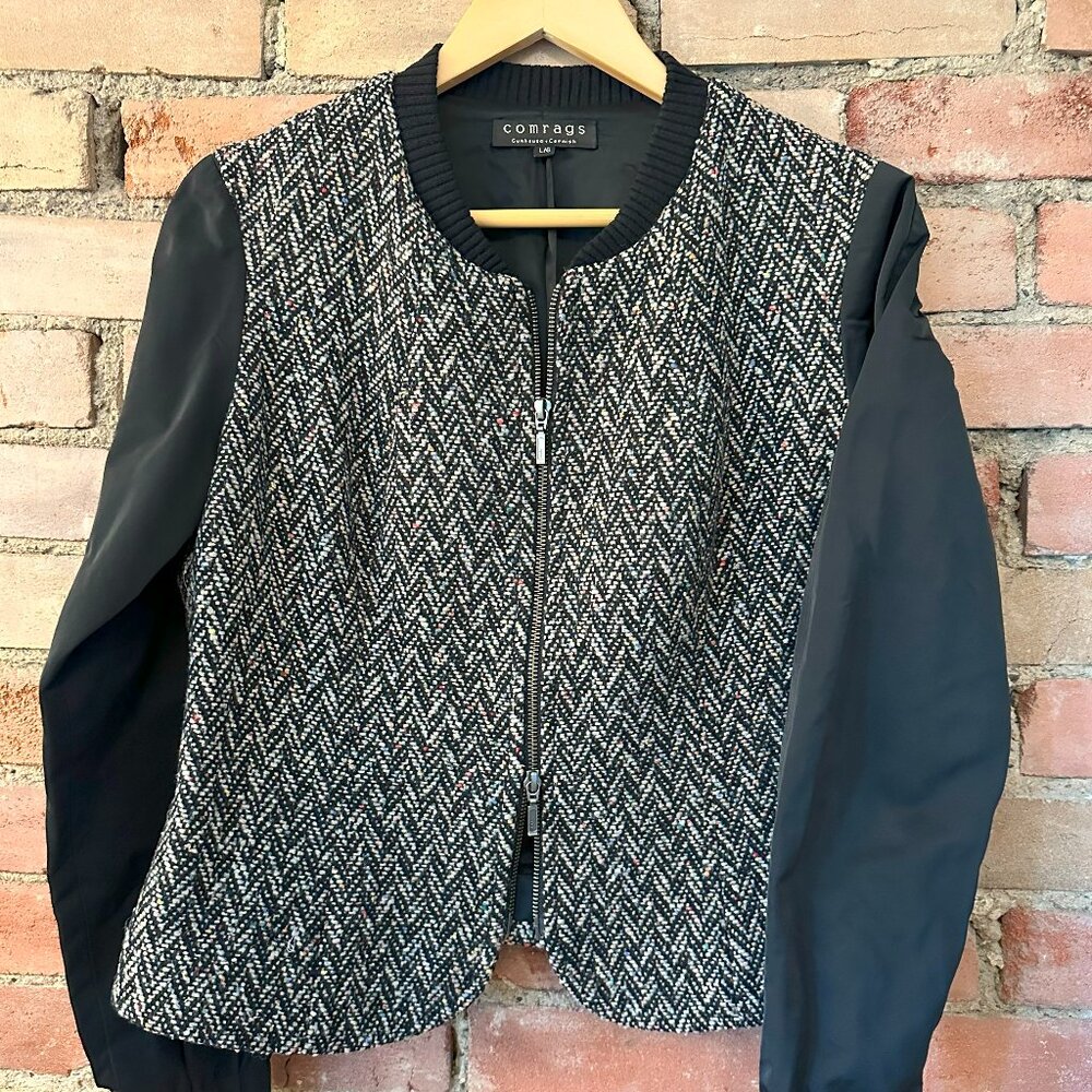 COMRAGS Aviator-Style Tweed Jacket – Faux Leather Sleeves, Feminine Fit (Size L)